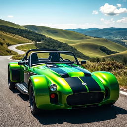 A sleek and stylish sports car, inspired by the classic Caterham design, featuring a low-profile body, aerodynamic curves, and a vibrant green paint job with black racing stripes