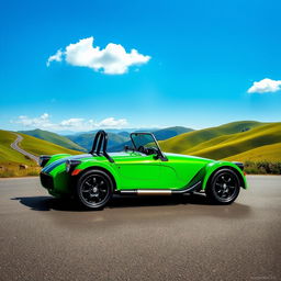 A sleek and stylish sports car, inspired by the classic Caterham design, featuring a low-profile body, aerodynamic curves, and a vibrant green paint job with black racing stripes