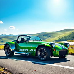 A sleek and stylish sports car, inspired by the classic Caterham design, featuring a low-profile body, aerodynamic curves, and a vibrant green paint job with black racing stripes