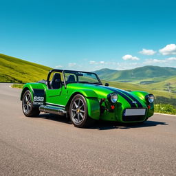 A sleek and stylish sports car, inspired by the classic Caterham design, featuring a low-profile body, aerodynamic curves, and a vibrant green paint job with black racing stripes