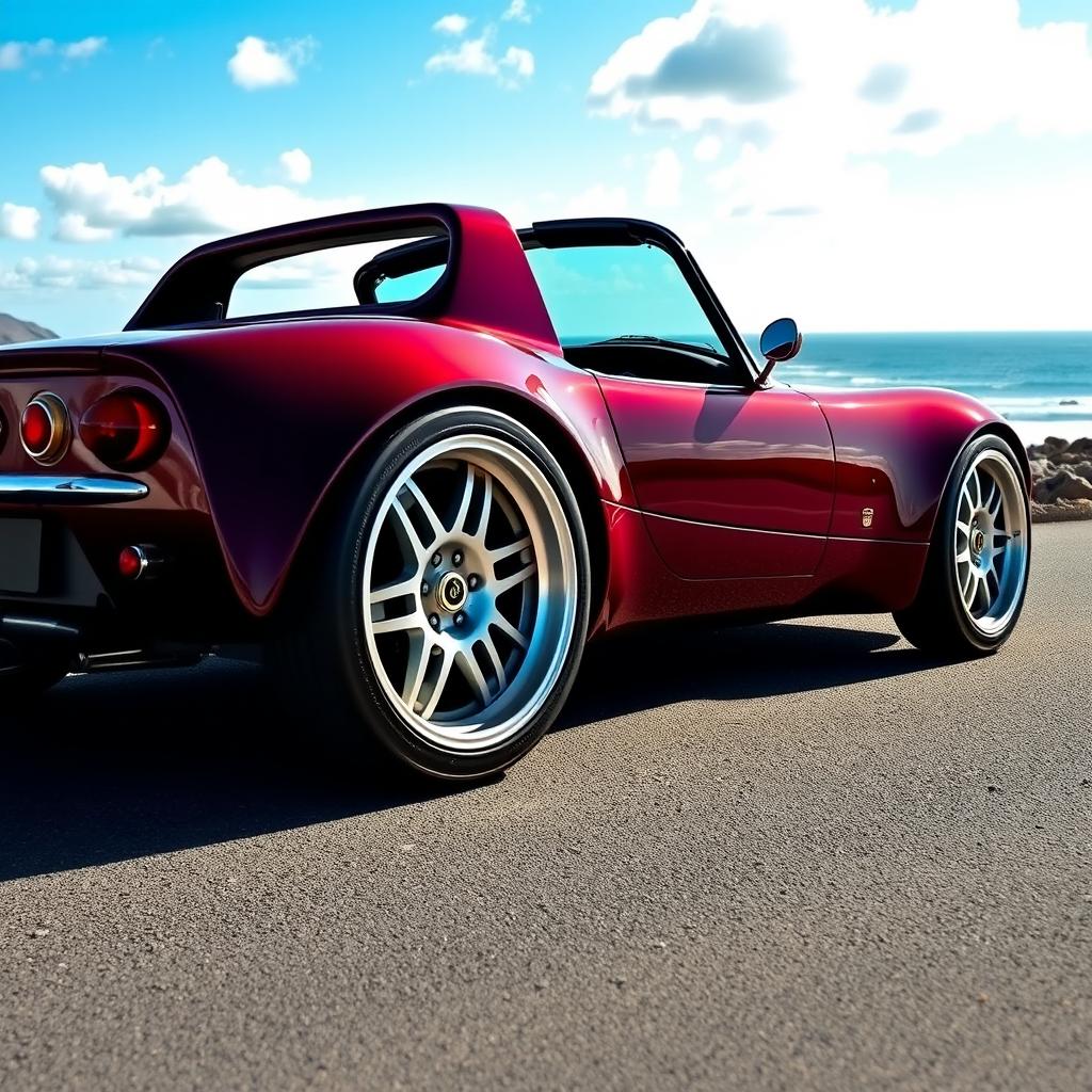 A stunning Lotus 7 sports car in a deep burgundy color, showcasing its iconic open cockpit design and classic lines