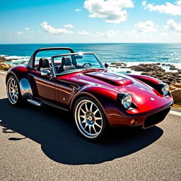 A stunning Lotus 7 sports car in a deep burgundy color, showcasing its iconic open cockpit design and classic lines