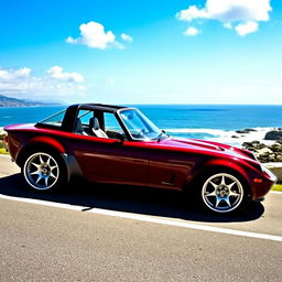 A stunning Lotus 7 sports car in a deep burgundy color, showcasing its iconic open cockpit design and classic lines