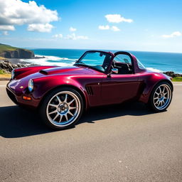 A stunning Lotus 7 sports car in a deep burgundy color, showcasing its iconic open cockpit design and classic lines