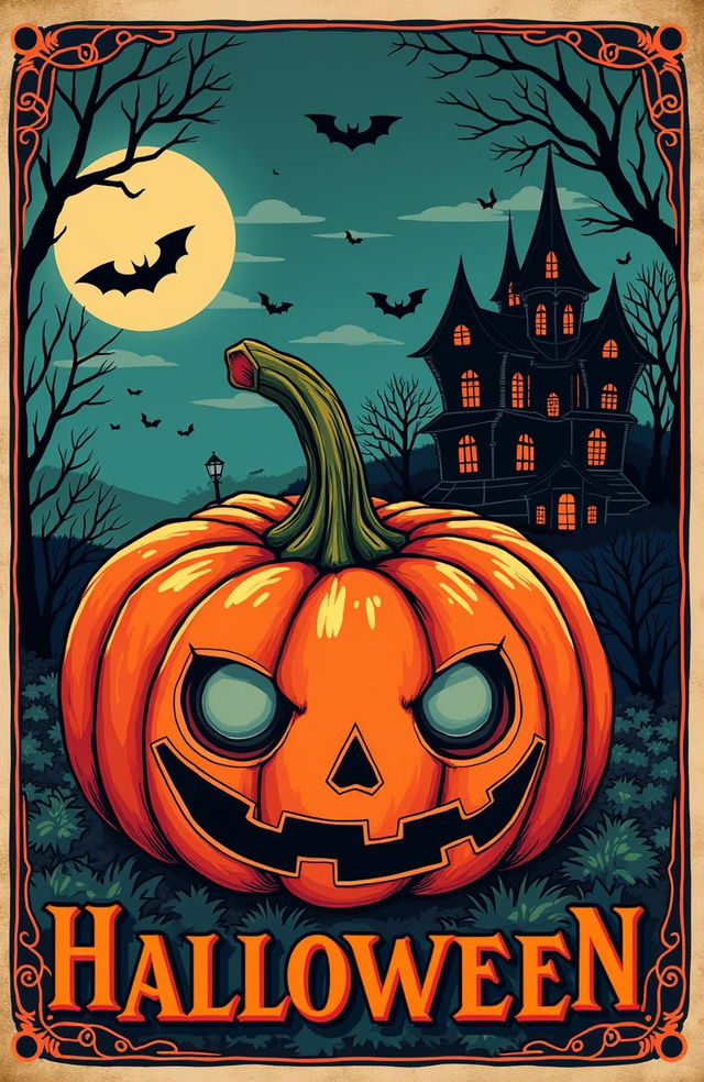 A vintage Halloween art poster featuring a spooky pumpkin, eerie ghosts, and haunted house in the background