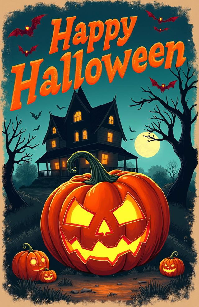 A vintage Halloween art poster featuring a classic spooky pumpkin, floating ghosts, and an ominous haunted house in the background