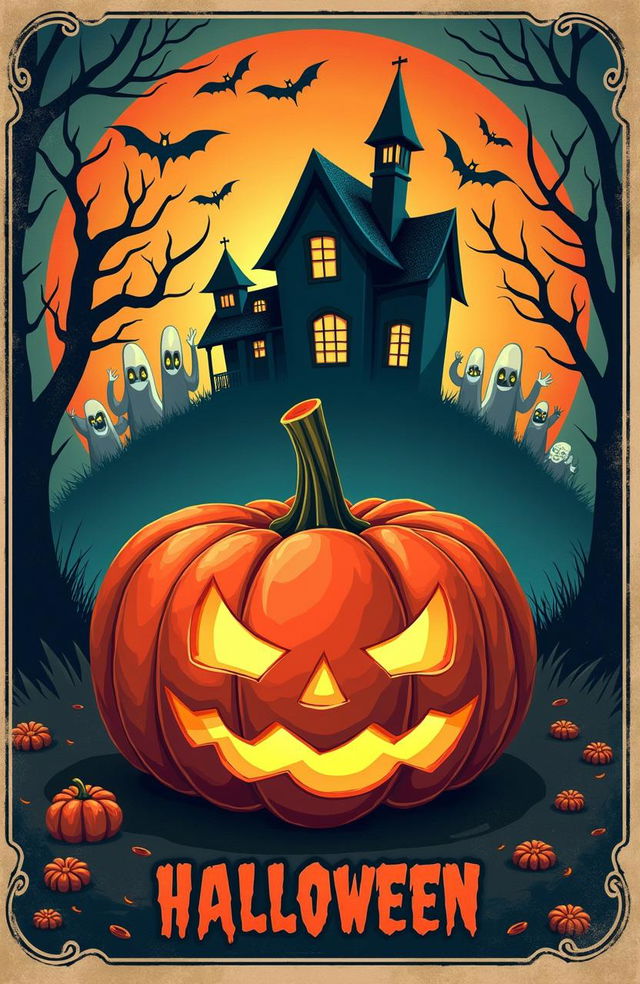 A vintage Halloween art poster featuring a classic spooky pumpkin, haunting ghosts, and a sinister haunted house looming in the background