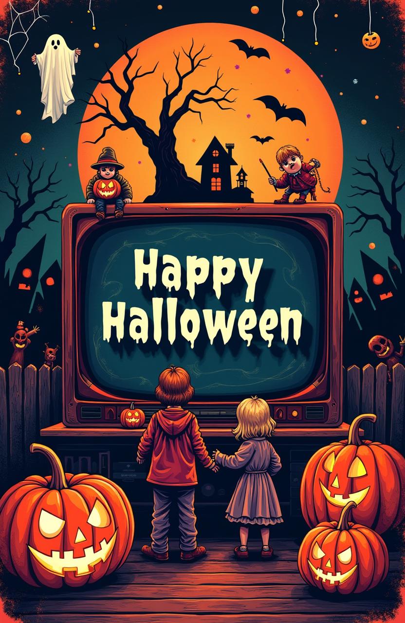 A nostalgic 1980s themed Halloween vintage art poster featuring spooky Halloween elements like pumpkins, ghosts, and cobwebs, all styled in an 80s aesthetic