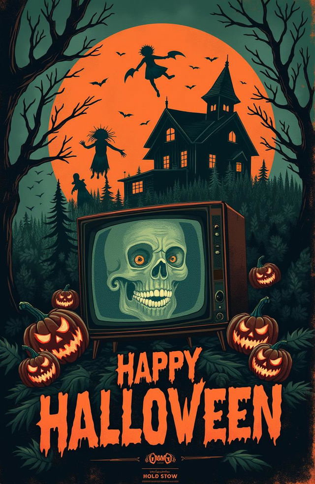 A disturbing nostalgic 1980s themed Halloween vintage art poster featuring eerie and unsettling elements like sinister pumpkins with glowing eyes, twisted and ghostly figures lurking in the shadows, and dark, ominous landscapes