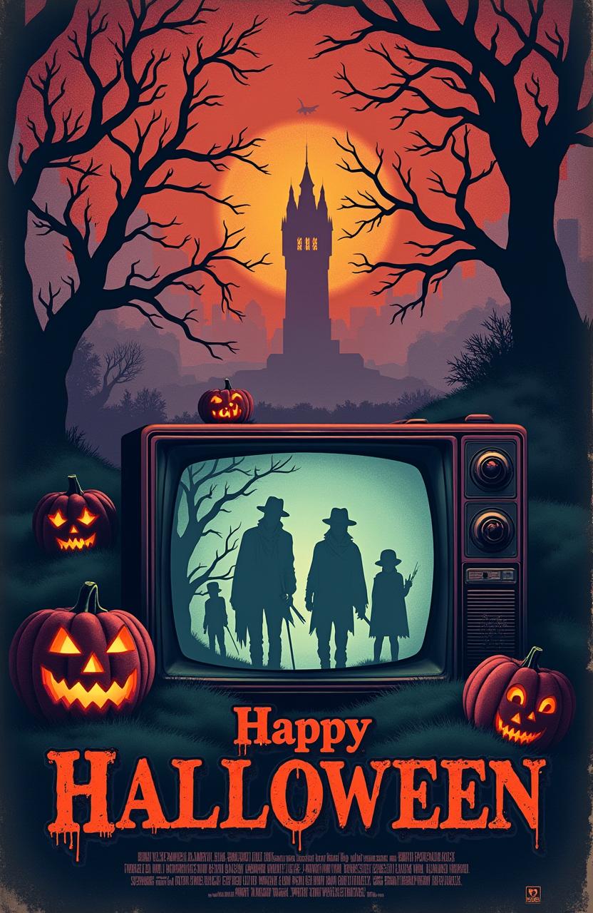 An eerie 1980s themed Halloween vintage art poster that dives into the unsettling side of Halloween, featuring menacing jack-o'-lanterns with glowing, haunting smiles, shadowy figures lurking in foggy landscapes, and skeletal trees with gnarled branches