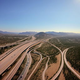 A sweeping, multi-lane freeway coursing through a diverse landscape, bustling with traffic under a wide, open sky.