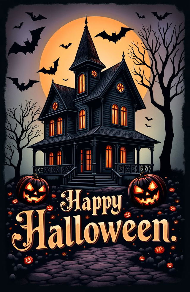 A Halloween-themed art poster featuring spooky elements like a haunted house, bats, and jack-o'-lanterns, all styled as a vintage gothic etching