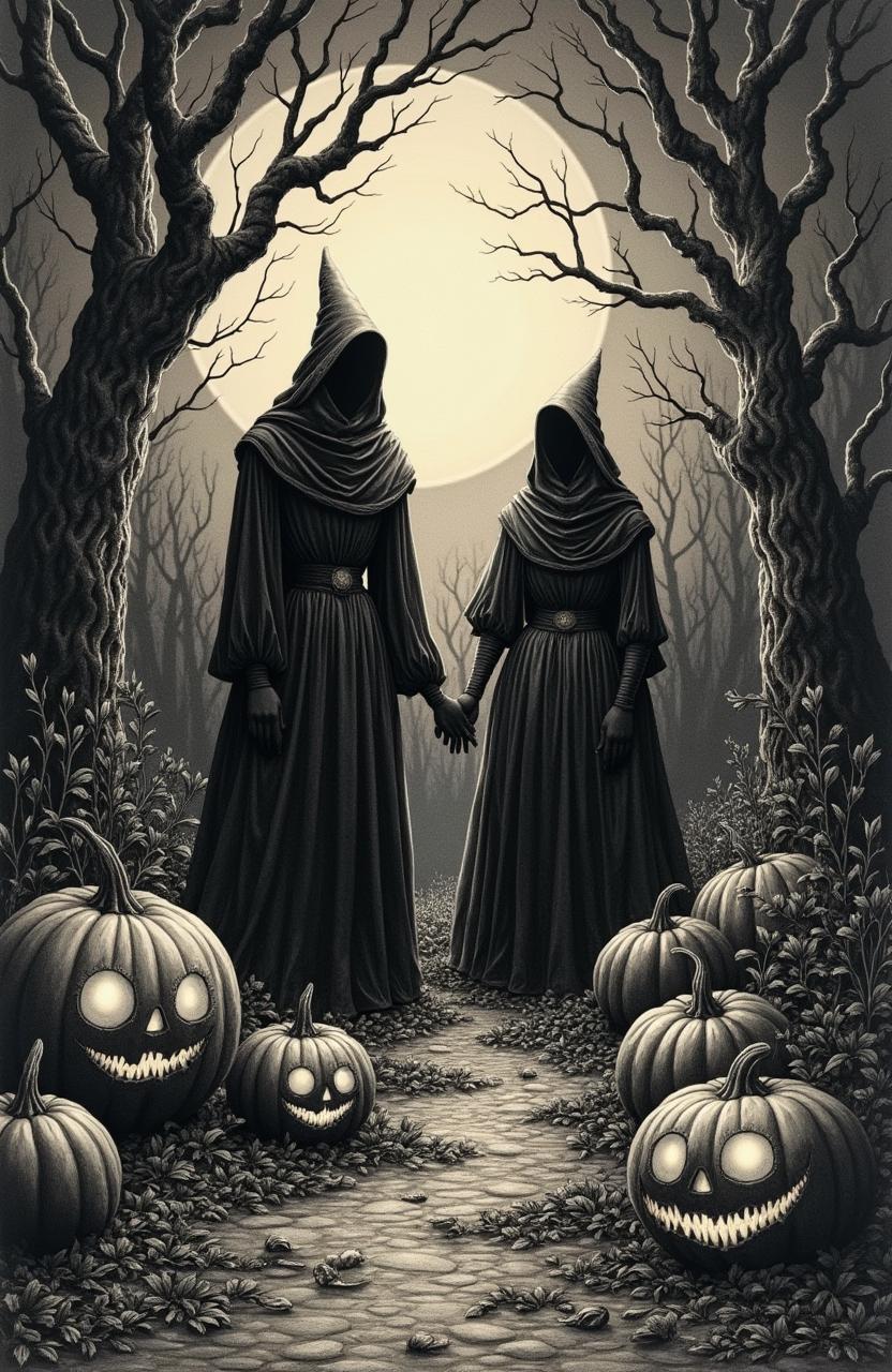 An intricate gothic etching featuring a spooky Halloween theme that captures the essence of 'trick or treat'