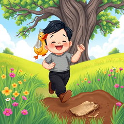 A delightful cartoon illustration of a 10-month-old baby boy with thick black hair, wearing a cozy gray t-shirt and black corduroy pants, along with cute brown leather shoes