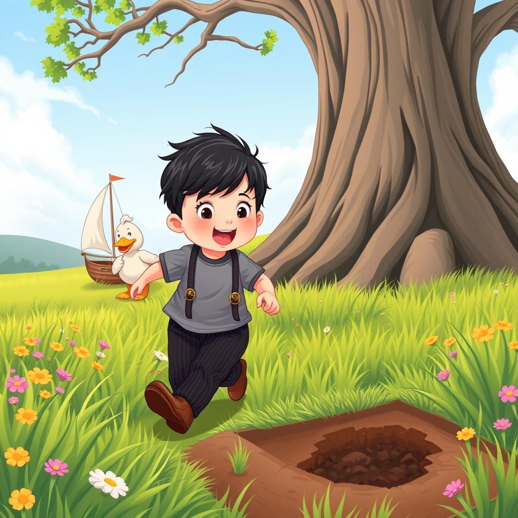 A delightful cartoon illustration of a 10-month-old baby boy with thick black hair, wearing a cozy gray t-shirt and black corduroy pants, along with cute brown leather shoes