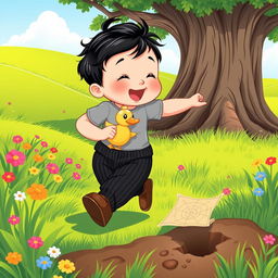 A delightful cartoon illustration of a 10-month-old baby boy with thick black hair, wearing a cozy gray t-shirt and black corduroy pants, along with cute brown leather shoes