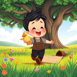 A delightful cartoon illustration of a 10-month-old baby boy with thick black hair, wearing a cozy gray t-shirt and black corduroy pants, along with cute brown leather shoes