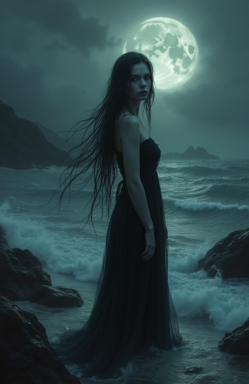 An unsettling gothic art piece featuring a Selkie, a mythical being from folklore that can transform from a seal into a woman