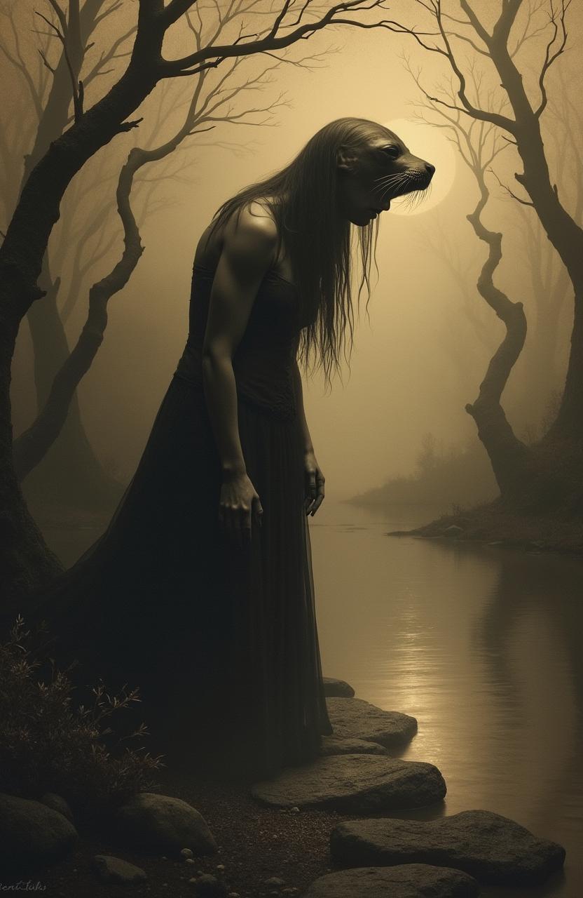 An unsettling gothic art piece featuring a Selkie in a sepia tone, creating a vintage and disturbing atmosphere