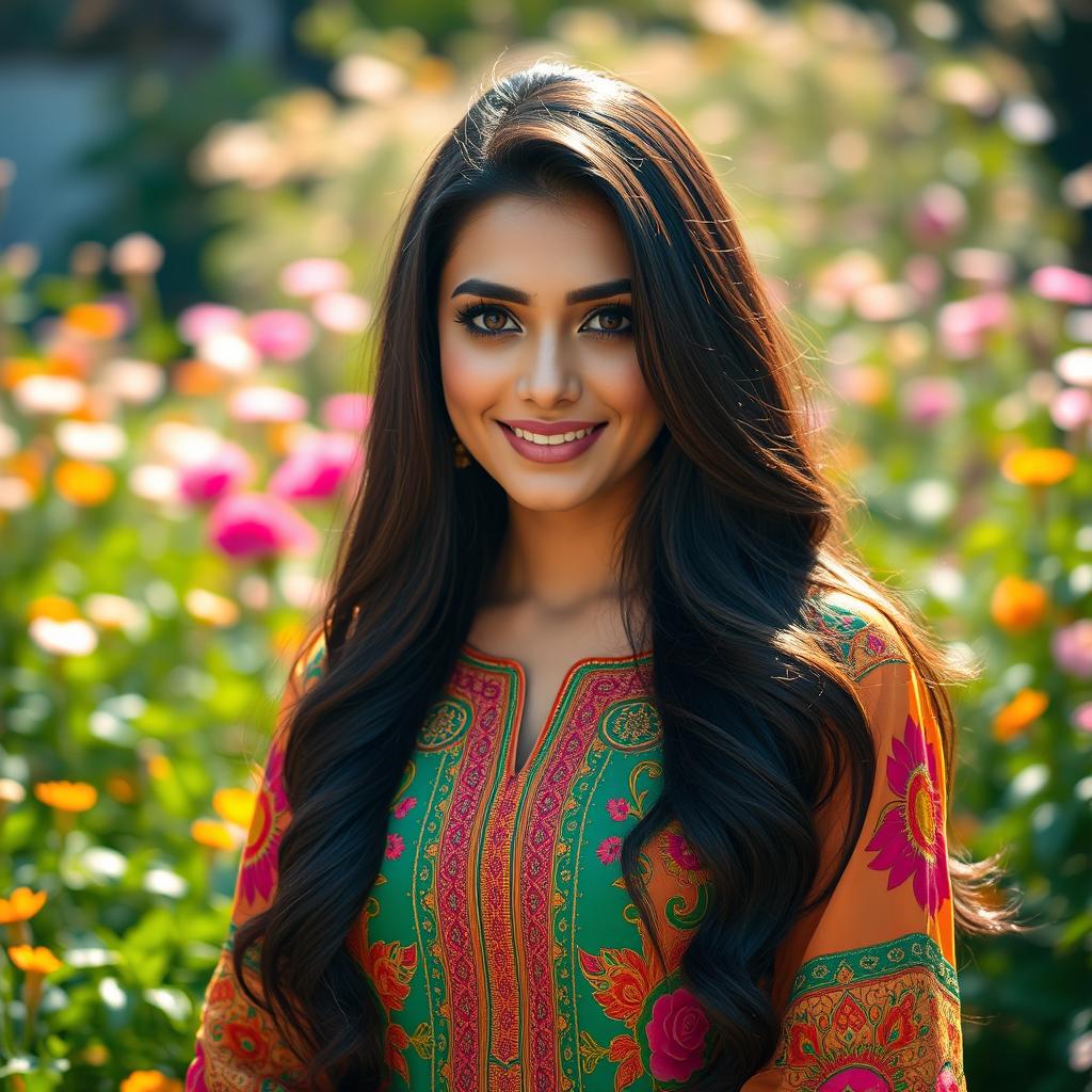 A stunning portrait of a beautiful Pakistani woman with long dark hair cascading down her shoulders, wearing a vibrant traditional outfit with intricate patterns and beautiful embroidery