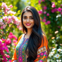 A stunning portrait of a beautiful Pakistani woman with long dark hair cascading down her shoulders, wearing a vibrant traditional outfit with intricate patterns and beautiful embroidery