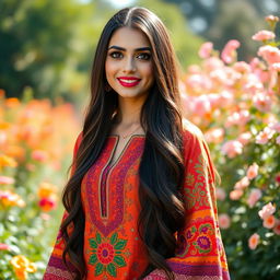 A stunning portrait of a beautiful Pakistani woman with long dark hair cascading down her shoulders, wearing a vibrant traditional outfit with intricate patterns and beautiful embroidery