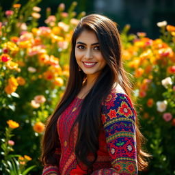 A stunning portrait of a beautiful Pakistani woman with long dark hair cascading down her shoulders, wearing a vibrant traditional outfit with intricate patterns and beautiful embroidery