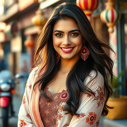 A vibrant fashion portrait of a beautiful Pakistani woman exuding confidence, wearing a stylish and intricately designed outfit, featuring a fashionable top that accentuates her silhouette