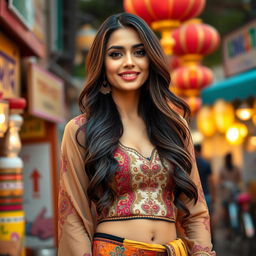 A vibrant fashion portrait of a beautiful Pakistani woman exuding confidence, wearing a stylish and intricately designed outfit, featuring a fashionable top that accentuates her silhouette