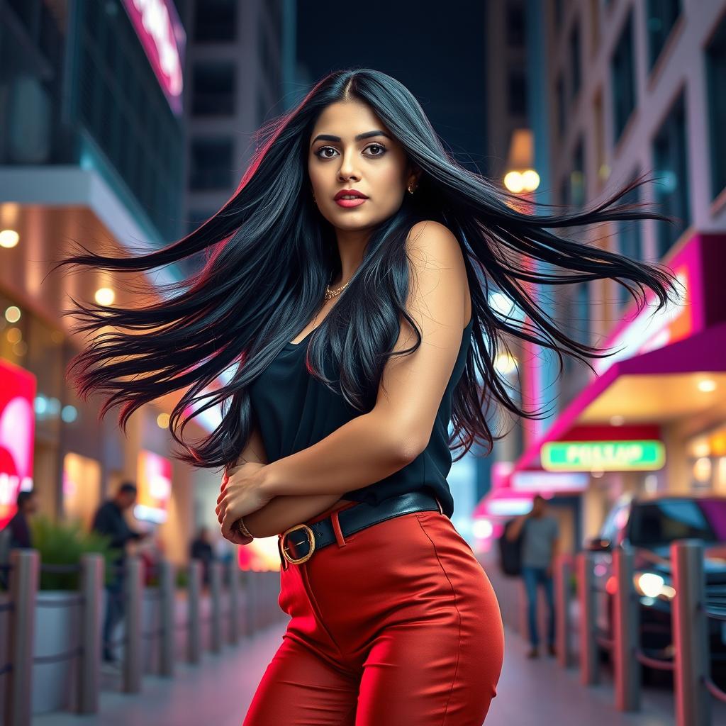 A striking artistic portrayal of a confident Pakistani woman with long, flowing dark hair, standing in a chic urban environment