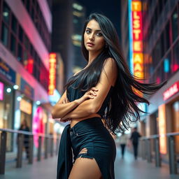 A striking artistic portrayal of a confident Pakistani woman with long, flowing dark hair, standing in a chic urban environment