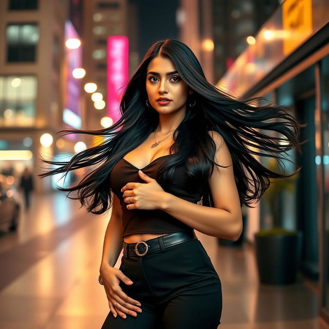 A striking artistic portrayal of a confident Pakistani woman with long, flowing dark hair, standing in a chic urban environment