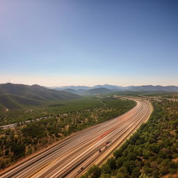 A sweeping, multi-lane freeway coursing through a diverse landscape, bustling with traffic under a wide, open sky.