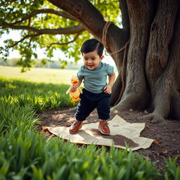 A 10 month old baby boy with thick black hair, wearing a cozy gray t-shirt and stylish black corduroy pants, and cute brown leather shoes