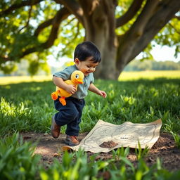 A 10 month old baby boy with thick black hair, wearing a cozy gray t-shirt and stylish black corduroy pants, and cute brown leather shoes