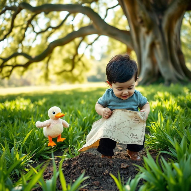 A 10 month old baby boy with thick black hair, wearing a cozy gray t-shirt and stylish black corduroy pants, and cute brown leather shoes