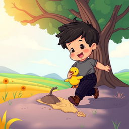 A cartoon-style 10 month old baby boy with thick black hair, adorably wearing a gray t-shirt and black corduroy pants, along with cute brown leather shoes