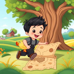 A cartoon-style 10 month old baby boy with thick black hair, adorably wearing a gray t-shirt and black corduroy pants, along with cute brown leather shoes