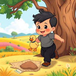 A cartoon-style 10 month old baby boy with thick black hair, adorably wearing a gray t-shirt and black corduroy pants, along with cute brown leather shoes