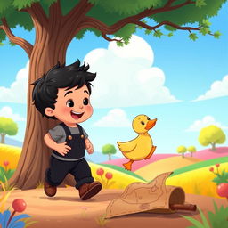 A cartoon-style 10 month old baby boy with thick black hair, adorably wearing a gray t-shirt and black corduroy pants, along with cute brown leather shoes