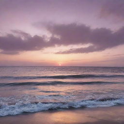 Create an enchanting image of a serene and picturesque sunset over a tranquil ocean, with the sky tinted in hues of mauve, pink, and gold.