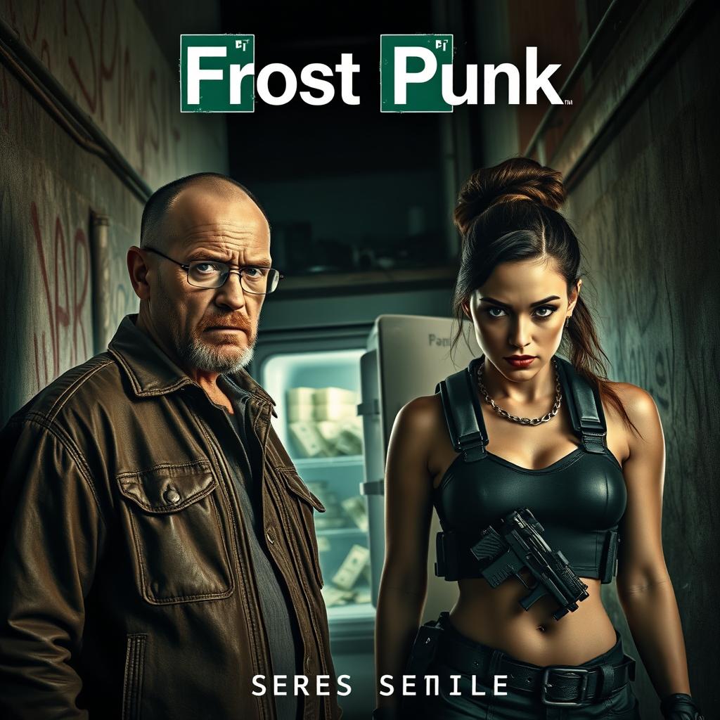 A captivating and intense series cover showcasing two characters in a tense standoff in a gritty urban environment, reminiscent of Breaking Bad