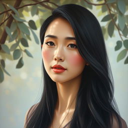 An oil painting of a 30-year-old Asian woman with a serene expression