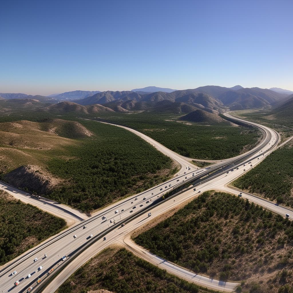 A sweeping, multi-lane freeway coursing through a diverse landscape, bustling with traffic under a wide, open sky.