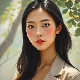 An oil painting of a 30-year-old Asian woman with a serene expression