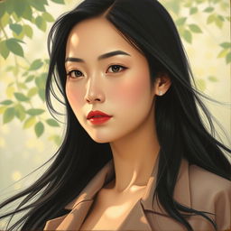 An oil painting of a 30-year-old Asian woman with a serene expression