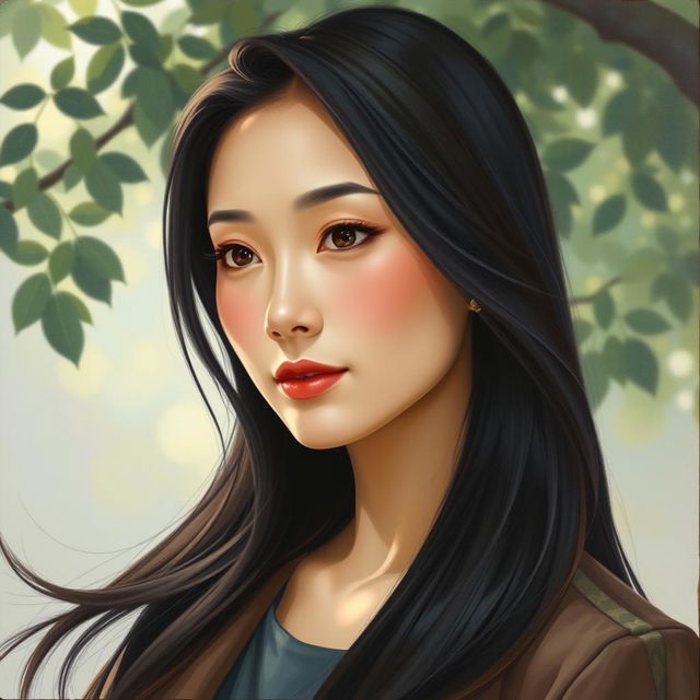 An oil painting of a 30-year-old Asian woman with a serene expression