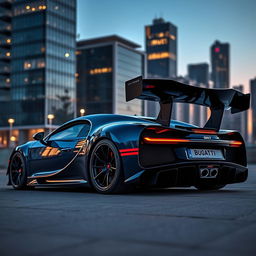 A stunning Bugatti Chiron Pur Sport with the rear wing of a Koenigsegg Jesko, positioned in an urban environment at twilight