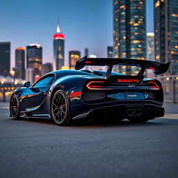 A stunning Bugatti Chiron Pur Sport with the rear wing of a Koenigsegg Jesko, positioned in an urban environment at twilight