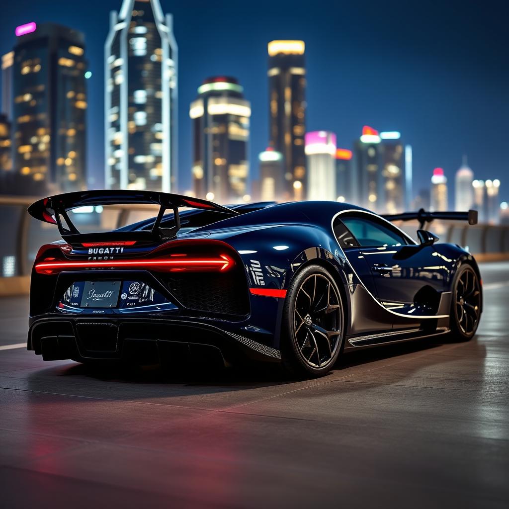 A stunning Bugatti Chiron Pur Sport with the rear wing of a Koenigsegg Jesko, positioned in an urban environment at twilight